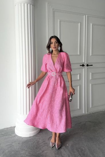 Pembe Işıltılı Kemerli Kruvaze Elbise resmi